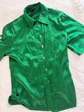 Emerald Green Satin Button-Up Blouse | Y2K | Vintage